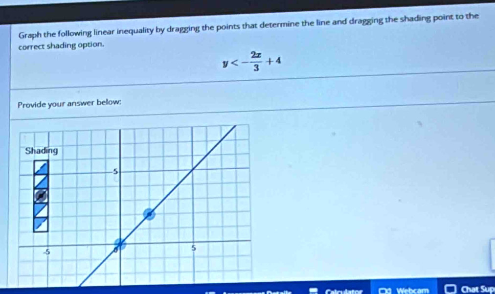 Graph the following linear inequality by dragging the points that determine the line and dragging the shading point to the 
correct shading option.
y<- 2x/3 +4
Provide your answer below: 
Webcam Chat Sup