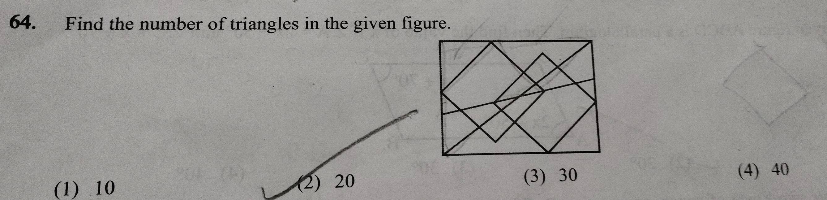 Find the number of triangles in the given figure.
(1) 10 (2) 20 (3) 30
(4) 40