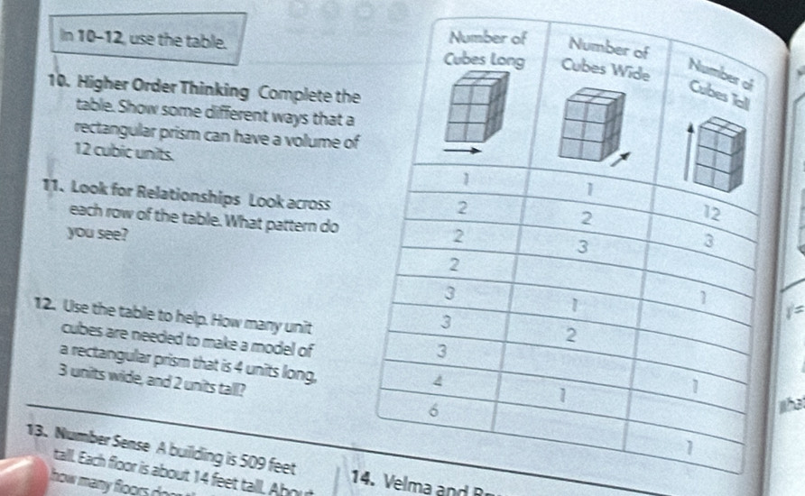 In 10-12, use the table. 
10. Higher Order Thinking Complete the 
table. Show some different ways that a 
rectangular prism can have a volume of
12 cubic units. 
11. Look for Relationships Look across 
each row of the table. What pattern do 
you see? 
12. Use the table to help. How many unit
r=
cubes are needed to make a model of 
a rectangular prism that is 4 units long,
3 units wide, and 2 units tall? 
what 
13. Number Sense A building is 509 feet 14 V elm 
talll. Each floor is about 14 feet tall. About 
how many floors doo