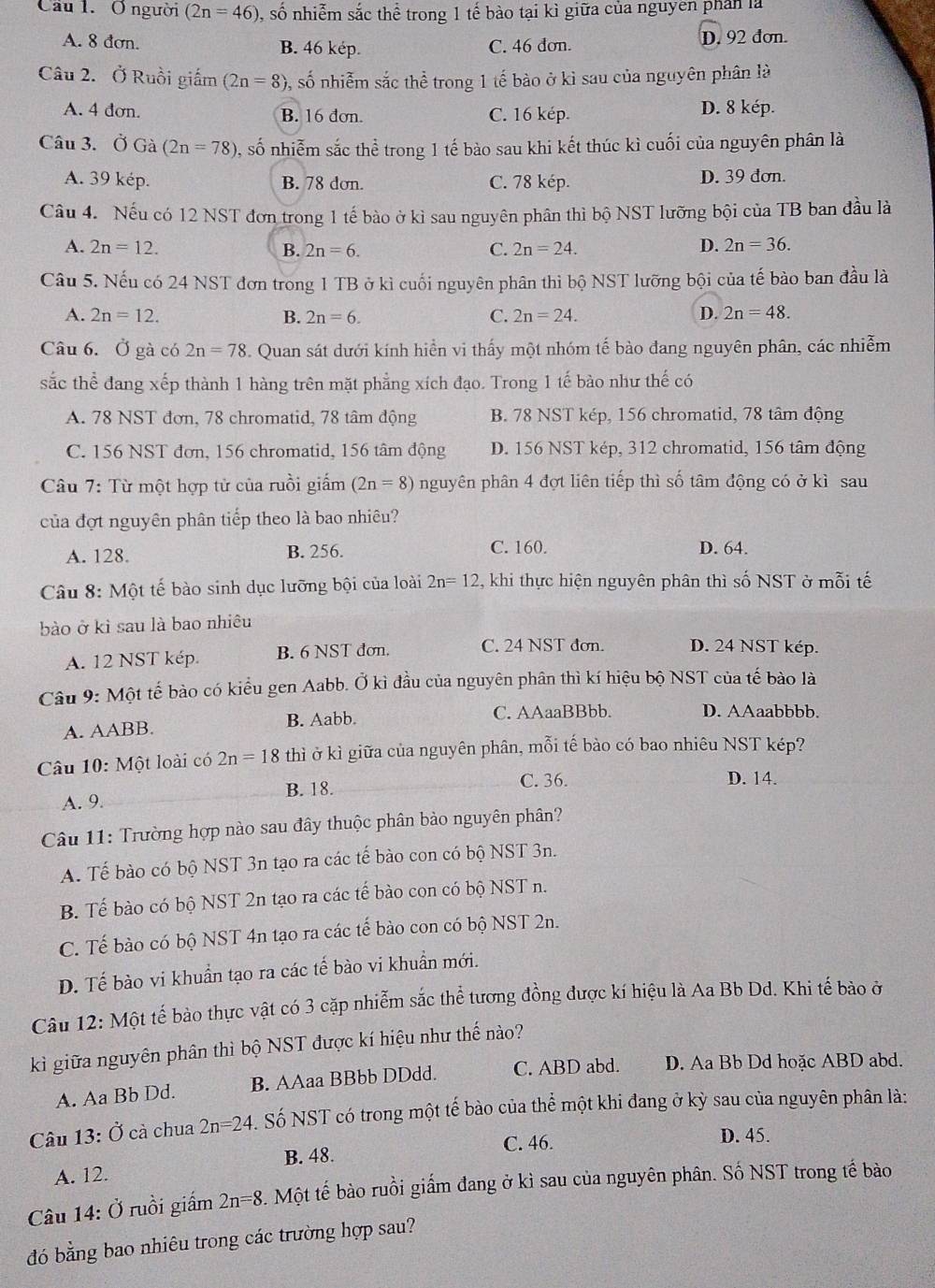 Cầu 1. Ở người (2n=46) 0, số nhiễm sắc thể trong 1 tế bào tại kì giữa của nguyên phân là
A. 8 đơn. B. 46 kép. C. 46 đơn. D. 92 đơn.
Câu 2. Ở Ruồi giấm (2n=8) , số nhiễm sắc thể trong 1 tế bào ở kì sau của nguyên phân là
A. 4 đơn. B. 16 đơn. C. 16 kép. D. 8 kép.
Câu 3. Ở Gà (2n=78) , số nhiễm sắc thể trong 1 tế bào sau khi kết thúc kì cuối của nguyên phân là
A. 39 kép. B. 78 dơn. C. 78 kép. D. 39 đơn.
Câu 4. Nếu có 12 NST đơn trong 1 tế bào ở kì sau nguyên phân thì bộ NST lưỡng bội của TB ban đầu là
A. 2n=12. B. 2n=6. C. 2n=24. D. 2n=36.
Câu 5. Nếu có 24 NST đơn trong 1 TB ở kì cuối nguyên phân thì bộ NST lưỡng bội của tế bào ban đầu là
A. 2n=12. B. 2n=6. C. 2n=24. D. 2n=48.
Câu 6. Ở gà có 2n=78. Quan sát dưới kính hiển vi thấy một nhóm tế bào đang nguyên phân, các nhiễm
sắc thể đang xếp thành 1 hàng trên mặt phẳng xích đạo. Trong 1 tế bào như thế có
A. 78 NST đơn, 78 chromatid, 78 tâm động B. 78 NST kép, 156 chromatid, 78 tâm động
C. 156 NST đơn, 156 chromatid, 156 tâm động D. 156 NST kép, 312 chromatid, 156 tâm động
Câu 7: Từ một hợp tử của ruồi giấm (2n=8) nguyên phân 4 đợt liên tiếp thì số tâm động có ở kì sau
của đợt nguyên phân tiếp theo là bao nhiêu?
A. 128. B. 256. C. 160. D. 64.
Câu 8: Một tế bào sinh dục lưỡng bội của loài 2n=12 2, khi thực hiện nguyên phân thì số NST ở mỗi tế
bào ở kì sau là bao nhiêu
A. 12 NST kép. B. 6 NST đơn. C. 24 NST đơn. D. 24 NST kép.
Câu 9: Một tế bào có kiểu gen Aabb. Ở kì đầu của nguyên phân thì kí hiệu bộ NST của tế bào là
A. AABB. B. Aabb. C. AAaaBBbb. D. AAaabbbb.
Câu 10: Một loài có 2n=18 thì ở kì giữa của nguyên phân, mỗi tế bào có bao nhiêu NST kép?
A. 9. C. 36. D. 14.
B. 18.
Câu 11: Trường hợp nào sau đây thuộc phân bào nguyên phân?
A. Tế bào có bộ NST 3n tạo ra các tế bào con có bộ NST 3n.
B. Tế bào có bộ NST 2n tạo ra các tế bào con có bộ NST n.
C. Tế bào có bộ NST 4n tạo ra các tế bào con có bộ NST 2n.
D. Tế bào vi khuẩn tạo ra các tế bào vi khuẩn mới.
Câu 12: Một tế bào thực vật có 3 cặp nhiễm sắc thể tương đồng được kí hiệu là Aa Bb Dd. Khi tế bào ở
kì giữa nguyên phân thì bộ NST được kí hiệu như thế nào?
A. Aa Bb Dd. B. AAaa BBbb DDdd. C. ABD abd. D. Aa Bb Dd hoặc ABD abd.
Câu 13: Ở cà chua 2n=24. Số NST có trong một tế bào của thể một khi đang ở kỳ sau của nguyên phân là:
B. 48. C. 46. D. 45.
A. 12.
Câu 14: Ở ruồi giấm 2n=8. Một tế bào ruồi giấm đang ở kì sau của nguyên phân. Số NST trong tế bào
đó bằng bao nhiêu trong các trường hợp sau?