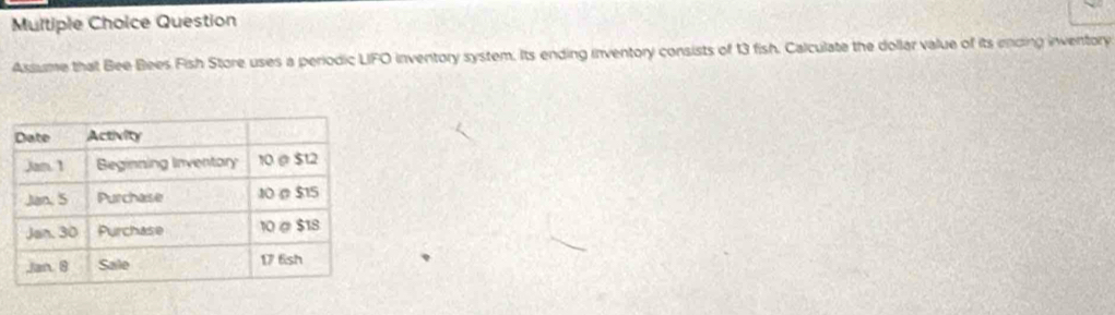 Question 
Assume that Bee Bees Fish Store uses a periodic LIFO inventory system. Its ending inventory consists of 13 fish. Calculate the dollar value of its ending inventory