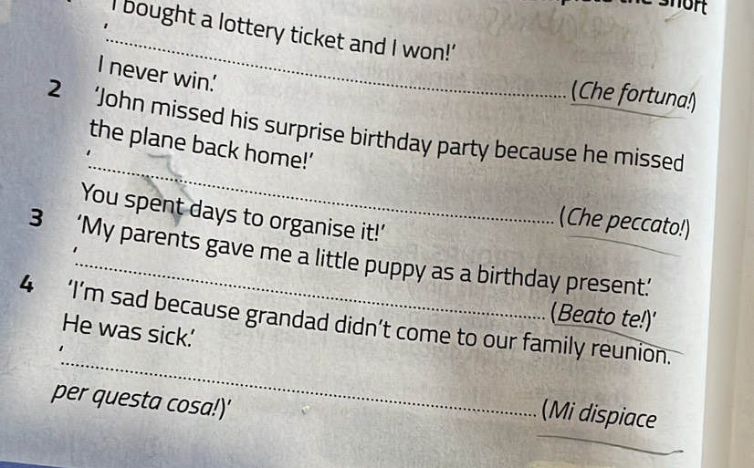 bought a lottery ticket and I won!' 
I never win. 
(Che fortuna!) 
_ 
2 ‘John missed his surprise birthday party because he missed 
the plane back home!’ 
You spent days to organise it!' 
(Che peccato!) 
3 ‘My parents gave me a little puppy as a birthday present.’ 
(Beato te!)' 
_ 
4 ‘I’m sad because grandad didn’t come to our family reunion. 
He was sick.' 
per questa cosa!)' 
_ 
(Mi dispiace 
_