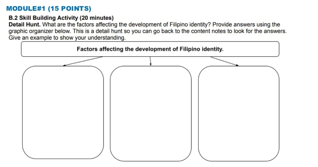 MODULE#1 (15 POINTS) 
B.2 Skill Building Activity (20 minutes) 
Detail Hunt. What are the factors affecting the development of Filipino identity? Provide answers using the 
graphic organizer below. This is a detail hunt so you can go back to the content notes to look for the answers. 
Give an example to show your understanding. 
Factors affecting the development of Filipino identity.