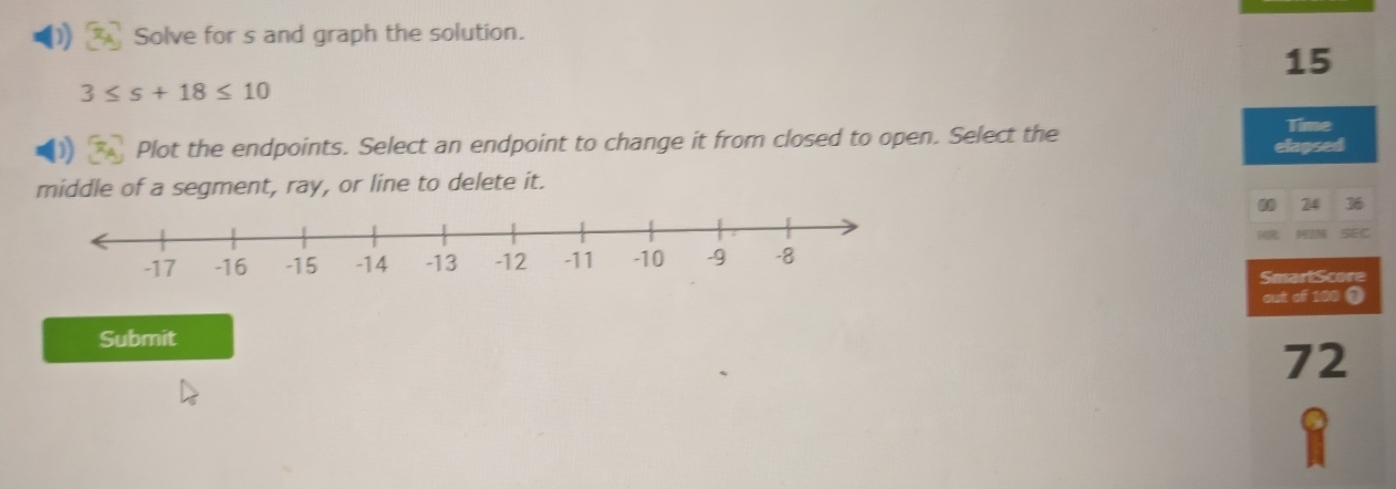 Solve for s and graph the solution.
15
3≤ s+18≤ 10
Time 
Plot the endpoints. Select an endpoint to change it from closed to open. Select the elapsed 
middle of a segment, ray, or line to delete it.
24

SmartScore 
out of 100 ① 
Submit
72