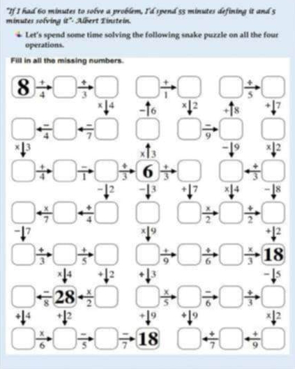 "If I had 60 minutes to solve a problem, I'd spend 55 minutes defining it and 5
minutes solving it"- Albert Einstein.
Let's spend some time solving the following snake puzzle on all the four
operations.
Fi
5