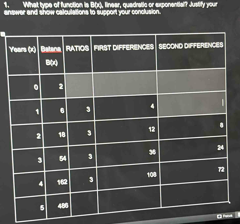What type of function is B(x), linear, quadratic or exponential? Justify your 
answer and show calculations to support your conclusion.
Y
Focus