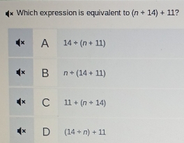 Which expression is equivalent to (n+14)+11 ?