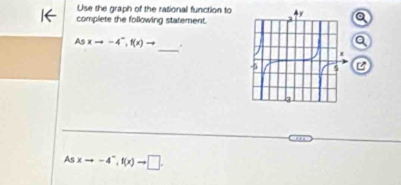 Use the graph of the rational function to 
complete the following statement. 
_
Asxto -4^-, f(x) - . 

As xto -4^-, f(x)to □.