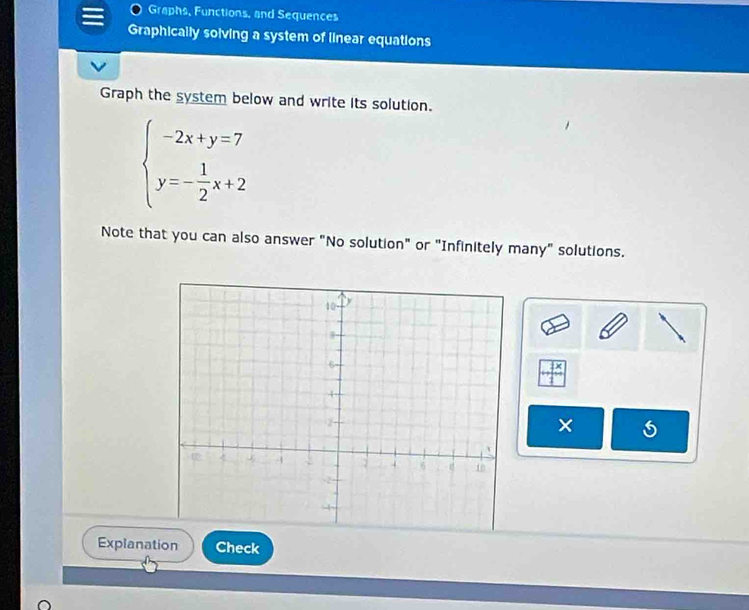 Graphs, Functions, and Sequences 
Graphically solving a system of linear equations 
Graph the system below and write its solution.
beginarrayl -2x+y=7 y=- 1/2 x+2endarray.
Note that you can also answer "No solution" or "Infinitely many" solutions.
 1x/1 
× 
Explanation Check