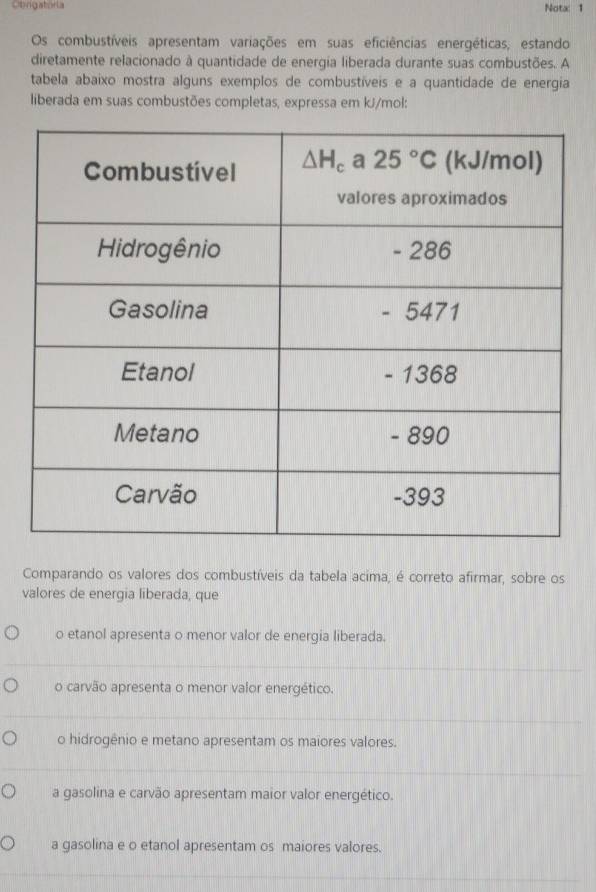 Obrgatoria Notx: 1
Os combustíveis apresentam variações em suas eficiências energéticas, estando
diretamente relacionado à quantidade de energia liberada durante suas combustões. A
tabela abaixo mostra alguns exemplos de combustíveis e a quantidade de energia
liberada em suas combustões completas, expressa em kJ/mol:
Comparando os valores dos combustíveis da tabela acima, é correto afirmar, sobre os
valores de energia liberada, que
o etanol apresenta o menor valor de energia liberada.
o carvão apresenta o menor valor energético.
o hidrogênio e metano apresentam os maiores valores.
a gasolina e carvão apresentam maior valor energético.
a gasolina e o etanol apresentam os maiores valores.