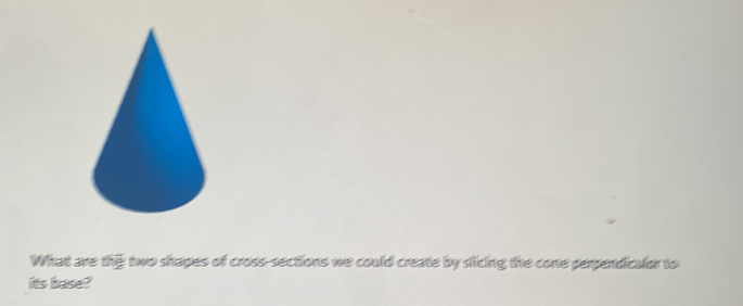 What are thE two shapes of cross-sections we could create by slicing the cone perpendicular to 
its base?