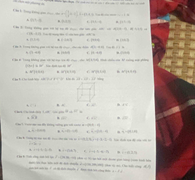 Chi chọn một phưng án
Nghệm khiều lựa chọn. Thi sinh trú lới từ câu 1 đến câu 12: Mỗi câu hái thí sinh
Câu 1: Trung không gian (yz , cho a=( 1/3 ,t-2),E=(2,4,1) Toa độ của vécto 3x+6.14
A. (5,7,-5). B. (1,2,2) C. (5,5,-1). D. (3,7,-5).
Câu 2: Trong không gian với hệ toạ đδ Oxyz  cho tam giáo ABC với A(2,0,-1),B(-1,3,5)=
C(8,-3,2) Toạ độ trọng tâm G của tam giác ABC là
A. (1,3,4). B. (-2,0,3) C. (9,0,6). D. (3,0,2)
Câu 3: Trong không gian với hệ tọa độ Oxyz , cho các điễm A(3,-4:0) Toạ độ overline OAla
A. (3,-4,0) B. (0,0,0) C. (0,-4,0) D. (3,0,0)
Câu 4: Trong không gian với hệ trục tọa độ Oxyz , cho M(4,5,6).   Hình chiêu của M xuống mặt pháng
(O_3z) là M' , Xác định tọa △ bM'.
A. Af^-(4;0;6) B. M'(4,5,0). C. M'(0,5,6) D. M^ (4:0,0).
Cân 5: Cho hình hộp ABCDA'B'C'D'. Khi đó overline AB+overline AD+overline AA bǎng
A. overline C'A B. AC . D. A'C.
Cân 6: Cho hình chóp S.ABC . Gòc giữa overline SH_1 overline SC là:
A. widehat SCB B. widehat SBC C. overline BSC. D. overline ASC.
Câu 7: Vecto nào sau đây không vuỡng góc với vecto overline m=(0,0,-4)
A. n=(t,0,0) B. overline n_2=(t,-1,0) C. overline n=(k0,-4). D. sigma _3=(0,1,0)
Câu 8: Trong bộ trục tọa độ Osyy cho các véc tơ x=(1,2,3),y=(-3,-2,-1) Xác định tọa độ của véc tơ
z=2x-y
A. z=(-1,-2,-5). B. z=(5,6,7) C. overline z=(-5;-6;-7). D. z=(1;2;5).
Câu 9: Tính công sinh bởi lực overline F=(20,30;-10) (dơn vị: N) tạo bởi một drone giao hàng (xem hình bên
dưới) khi thực hiện một độ dịch chuyển vector d=(150,200,100) (don vj: m). Cho biết công A(J)
sinh bởi một lực / có dộ dịch chuyền ∫ được tính bởi cōng thức A=FJ