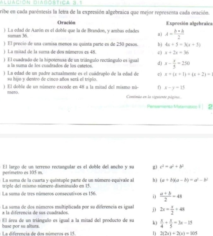 Aluación Diagostica 3.1
ribe en cada paréntesis la letra de la expresión algebraica que mejor representa cada oración.
Oración Expresión algebraica
) La edad de Aarón es el doble que la de Brandon, y ambas edades a) A= b· h/2 
suman 36.
) El precio de una camisa menos su quinta parte es de 250 pesos. b) 4x+5=3(x+5)
) La mitad de la suma de dos números es 48. x+2x=36
c)
) El cuadrado de la hipotenusa de un triángulo rectángulo es igual d) x- x/5 =250
a la suma de los cuadrados de los catetos.
) La edad de un padre actualmente es el cuádruplo de la edad de c) x+(x+1)+(x+2)=1
su hijo y dentro de cinco años será el triplo.
) El doble de un número excede en 48 a la mitad del mismo nú- f) x-y=15
mero.
Continúa en la siguiente página...
Pensamiento Matemático II 2
El largo de un terreno rectangular es el doble del ancho y su g) c^2=a^2+b^2
perímetro es 105 m.
La suma de la cuarta y quíntuple parte de un número equivale al h) (a+b)(a-b)=a^2-b^2
triple del mismo número disminuido en 15.
La suma de tres números consecutivos es 156.
i)  (a+b)/2 =48
La suma de dos números multiplicada por su diferencia es igual j) 2x= x/2 +48
a la diferencia de sus cuadrados.
El área de un triángulo es igual a la mitad del producto de su k)  x/4 + x/5 =3x-15
base por su altura.
La diferencia de dos números es 15. 1) 2(2x)+2(x)=105