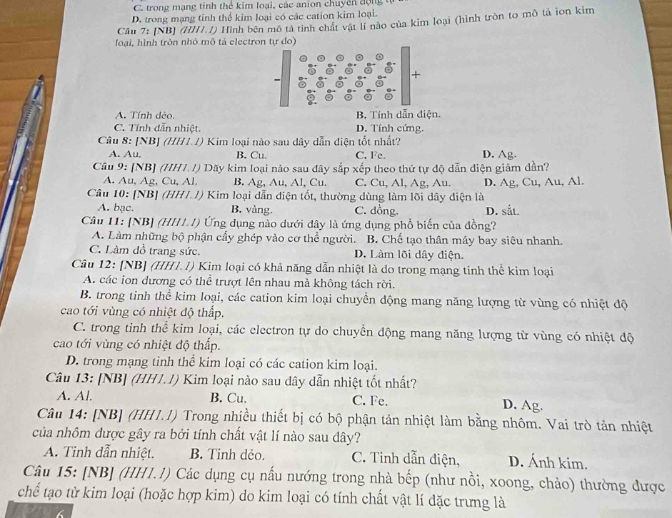 C. trong mạng tinh thể kim loại, các anion chuyên động từ
D. trong mạng tinh thể kim loại có các cation kim loại.
Câu 7: [NB] (HH1.1) Hình bên mô tả tinh chất vật lí nào của kim loại (hình tròn to mô tả ion kim
loại, hình tròn nhỏ mô tả electron tự do)
+
A. Tính dẻo. B. Tính dẫn diện.
C. Tính dẫn nhiệt. D. Tính cứng.
Câu 8: [NB] (HH1.1) Kim loại nào sau dây dẫn điện tốt nhất?
A. Au. B. Cu. C. Fe. D. Ag.
Câu 9: [NB] (HHI.1) Dãy kim loại nào sau đây sắp xếp theo thứ tự độ dẫn điện giảm dần?
A. Au, Ag, Cu, Al. B. Ag, Au, Al, Cu. C. Cu, Al, Ag, Au. D. Ag, Cu, Au, Al.
Câu 10: [NB] (HHI.1) Kim loại dẫn diện tốt, thường dùng làm lõi dây diện là
A. bạc. B. vàng. C. dồng. D. sắt.
Câu 11: [NB] (HH1.1) Ứng dụng nào dưới dây là ứng dụng phổ biến của đồng?
A. Làm những bộ phận cấy ghép vào cơ thể người. B. Chế tạo thân máy bay siêu nhanh.
C. Làm đồ trang sức. D. Làm lõi dây điện.
Câu 12: [NB] (HHI.1) Kim loại có khả năng dẫn nhiệt là do trong mạng tinh thể kim loại
A. các ion dương có thể trượt lên nhau mà không tách rời.
B. trong tinh thể kim loại, các cation kim loại chuyển động mang năng lượng từ vùng có nhiệt độ
cao tới vùng có nhiệt độ thấp,
C. trong tinh thể kim loại, các electron tự do chuyển động mang năng lượng từ vùng có nhiệt độ
cao tới vùng có nhiệt độ thấp.
D. trong mạng tinh thể kim loại có các cation kim loại.
Câu 13: [NB] (HH1.1) Kim loại nào sau dây dẫn nhiệt tốt nhất?
A. Al. B. Cu. C. Fe.
D. Ag.
Câu 14: [NB] (HH1.1) Trong nhiều thiết bị có bộ phận tản nhiệt làm bằng nhôm. Vai trò tản nhiệt
của nhôm được gây ra bởi tính chất vật lí nào sau dây?
A. Tinh dẫn nhiệt. B. Tinh dẻo. C. Tinh dẫn điện, D. Ánh kim.
Câu 15: [NB] (HH1.1) Các dụng cụ nấu nướng trong nhà bếp (như nồi, xoong, chảo) thường được
chế tạo từ kim loại (hoặc hợp kim) do kim loại có tính chất vật lí đặc trưng là