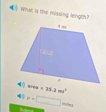 What is the missing length?
=25.2mi^2
p=□ miles
Submit