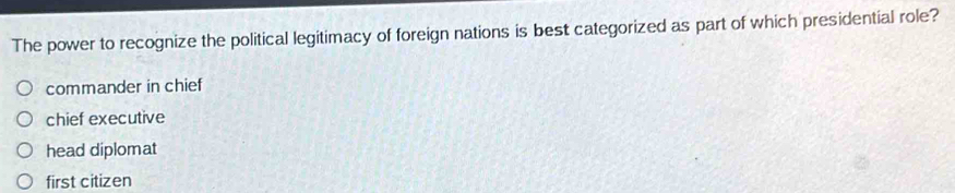 The power to recognize the political legitimacy of foreign nations is best categorized as part of which presidential role?
commander in chief
chief executive
head diplomat
first citizen