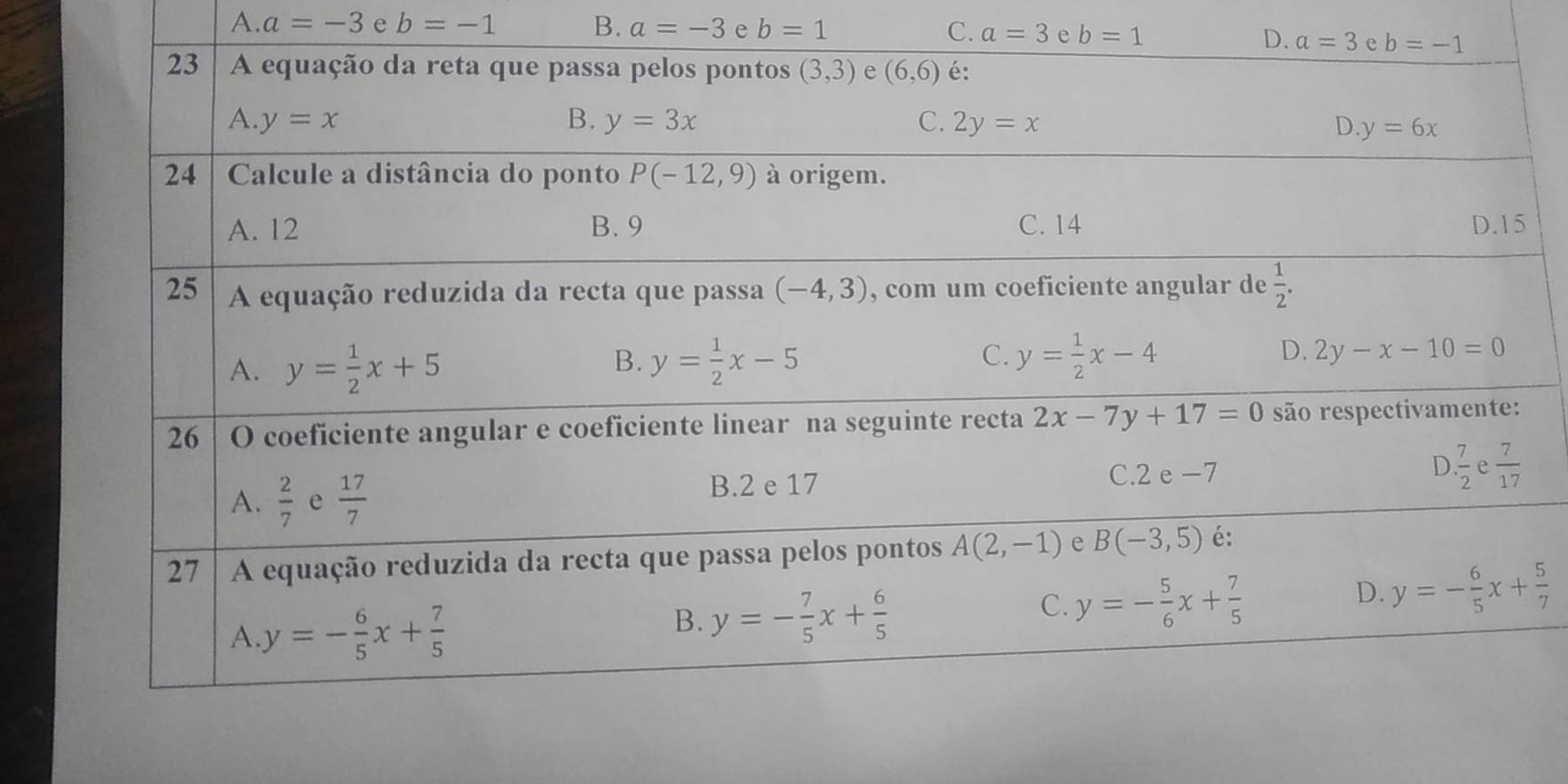 A. a=-3 e b=-1 B. a=-3 e b=1 C. a=3 e b=1
D.