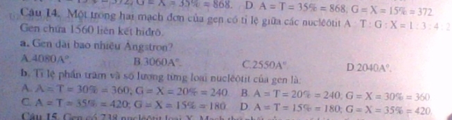 ∠ G=X=35% =868 D A=T=35% =868, G=X=15% =372
Câu I4. Một trong hai mạch đơn của gen có tỉ lệ giữa các nuclêôtit A T:G:X=1:3:4:2
Gen chứa 1560 liên kết hiđrô
a. Gen dài bao nhiệu Angstron?
A. 4080A°. B. 3060A°. C. 2550A° D 2040A°. 
b. Tỉ lệ phần trấm và số lương từng loại nucleộtit của gen là:
A. A=T=30% =360, G=X=20% =240 B. A=T=20% =240; G=X=30% =360
C. A=T=35% =420; G=X=15% =180 D A=T=15% =180; G=X=35% =420
Câu 15. Gen có 238 nucleot