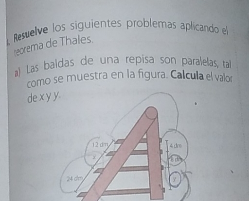 Resuelve los siguientes problemas aplicando el 
teorema de Thales. 
a) Las baldas de una repisa son paralelas, tall 
como se muestra en la figura. Calcula el valor 
de x y y.
12 dm 4 dm
x
8 dm
24 dm y