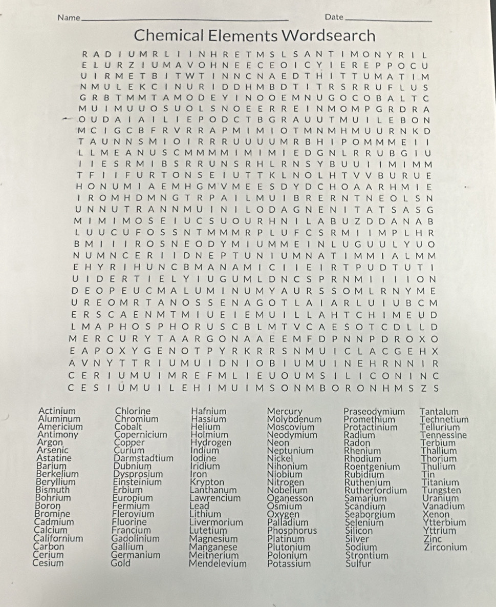 Name_ Date_
Chemical Elements Wordsearch
R AD IU M R  L I I N H R ET M S L SA N T I M O N Y R I L
E LUR ZIUMAVOHNE EC EOICYIERE P POCU
U I R M E T B I T W T I N N C N A E D T  H I  T T U M A T I M
N M U L E K C I N U R I D D HM BD T I T R S R RU F L U S
G R BT M M T A MO D E  Y I  N OO E M N U G O C O B A L T C
MU I MUUO SUO L S NOE E R R E I NMOM P G R D R A
 ○U D A I A I  L I  E PO D C T B G R AU U T MU IL E BO N
M C I G C B F RV R R A P M I M Ι  T MN M HM U U R N K D
T AU N N S M IO I R R R UUU U M R B H I P O M M M E I I
L LM E  A N U S C M M M M I M I M I  E D G N L R R U  BG I U
I Ι E S RM I B S R R  U  N S R H L R N S Y B U U I I M I M M
T F Ι I F U R T O N S E IU T T K L NO L H T V V BU R UE
H O N U M I A E M H G M V M E E S  D Y D CHO A A R H M IE
I R O M H D M N G  T R P A I L MU I  B R E R  N T  N E O L S N
U N NU T R A N N MU I N I LOD AG N E NI T AT S AS G
M I M I M O S E Ι UC S U O U R H N I L A B UZ D D AN A B
L U U  C U F  O S S N T M M M R P L U F C S R M I IM P L H R
BM Ι Ι Ι RO S N EO D Y M I U M M E Ι N L U G UU L Y UO
N U M N  E R I I D N E P T U N Ι U M N A T I M M I A L M M
E H Y R I H U N C B M A N A M I C Ι Ι E Ι R T PUD T U T I
UID E R T IE L Y IU GUM L D N C S P R NMIIIION
D EO P E U C MA L U M I N U M Y AU RS S O M L R  N Y ME
U R E O MR T A NO S S E N A G O T L A I A R  L U I U B C M
E R S CA E NM T MI U E I E MU I L L AH T CHI ME U D
L M A PH O S P H O RU S C B L M T V C A E S O T C D L L D
M E R C U  R Y T A A R G O N A A E E M  F D P N N  P D  R O X O
E A P O X Y G E N O T P Y  R  K  R RS N M UI  C L A C G E H X
A V N Y T T  R IU MU I D N IO B IU MU I N E H R N N I R
C E R IUMUIM R E FML IE UOUMS I L ICONINC
C E S IÚ MU I L EH I MU I M SO NM BO RO N HM S Z S
Actinjum Chlorine Hafnjum Mercury Praseodymium Tantalum
Aluminum Chromium Hassium Molybdenum Promethium Technetium
Americium Cobalt Helium Moscovium Protactinium Tellurium
Antimony Copernicium Holmium Neodymium Radium Tennessine
Argon Copper Hydrogen Neon Radon Terbium
Arsenic Curium Indium Neptunium Rhenium Thallium
Astatine Darmstadtium lodine Nihonium Nickel Roentgenium Rhodium Thorium Thulium
Barium Dubnium Iridium
Berkelium Dysprosium Iron Niobium Rubidium Tin
Beryllium Einsteinium Krypton Nitrogen Ruthenium Titanium
Bismuth Erbium Lanthanum Nobelium Rutherfordium Tungsten
Bohrium Europium Lawrencium Oganesson Samarium Urañium
Boron Fermium Lead Osmium Scandium Vanadium
Bromine Flerovium Lithium Oxygen Seaborgium Xenon
Cadmium Fluorine Livermorium Palladium Selenium Ytterbium
Calcium Francium Lutetium Phosphorus Silicon Yttrium
Californium Gadolinium Magnesium Platinum Sodium Silver Zinc
Carbon Gallium Manganese Plutonium Zirconium
Cerium Germanium Meitnerium Polonium Strontium
Cesium Gold Mendelevium Potassium Sulfur