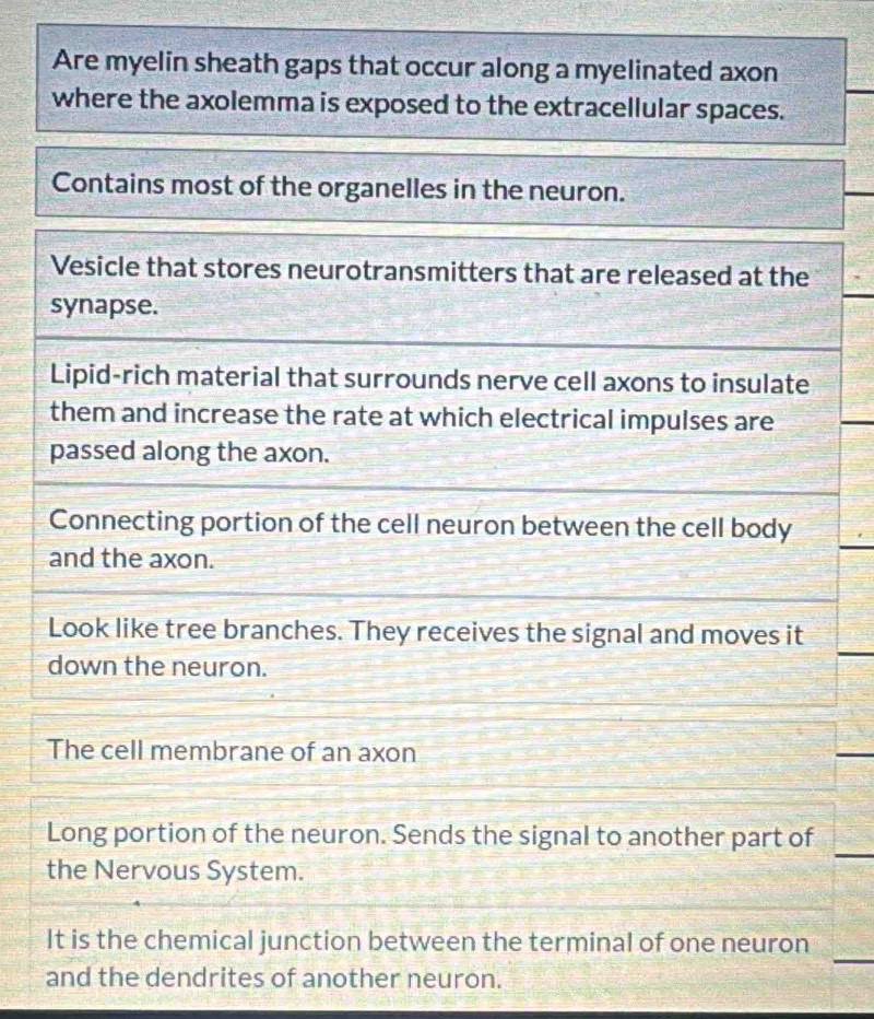 Are myelin sheath gaps that occur along a myelinated axon 
where the axolemma is exposed to the extracellular spaces. 
Contains most of the organelles in the neuron. 
Vesicle that stores neurotransmitters that are released at the 
synapse. 
Lipid-rich material that surrounds nerve cell axons to insulate 
them and increase the rate at which electrical impulses are 
passed along the axon. 
Connecting portion of the cell neuron between the cell body 
and the axon. 
Look like tree branches. They receives the signal and moves it 
down the neuron. 
The cell membrane of an axon 
_ 
Long portion of the neuron. Sends the signal to another part of 
the Nervous System. 
_ 
It is the chemical junction between the terminal of one neuron 
and the dendrites of another neuron.