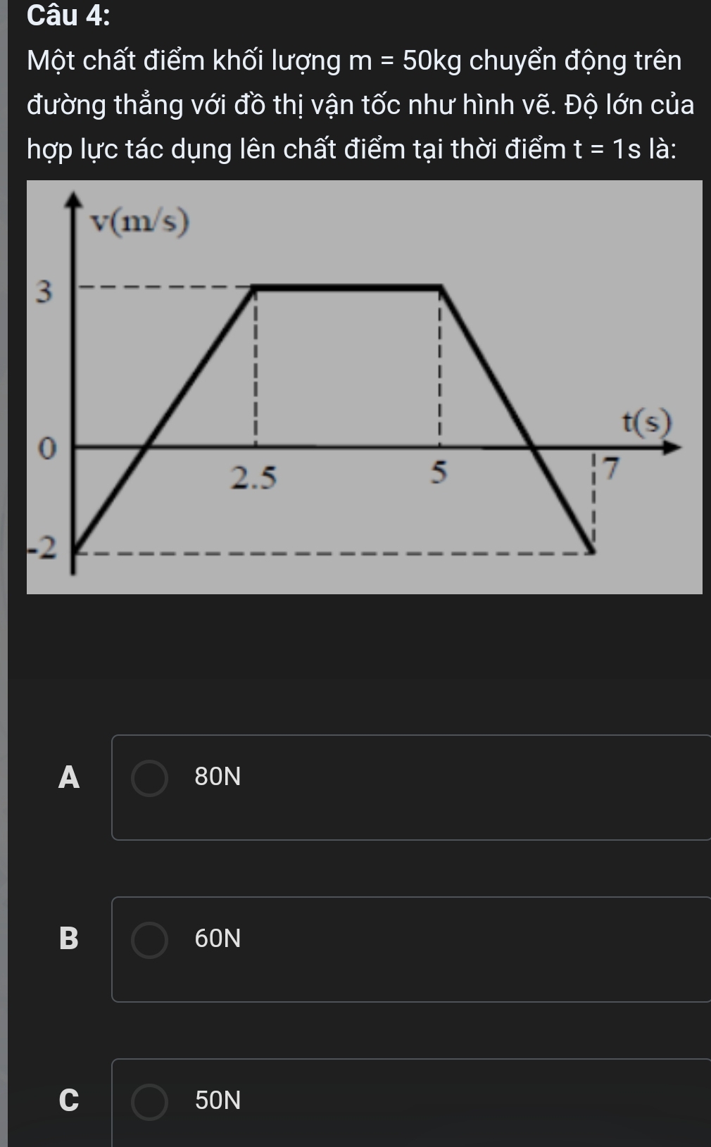 Một chất điểm khối lượng m=50kg chuyển động trên
đường thẳng với đồ thị vận tốc như hình vẽ. Độ lớn của
hợp lực tác dụng lên chất điểm tại thời điểm t=1s là:
A 80N
B 60N
C 50N