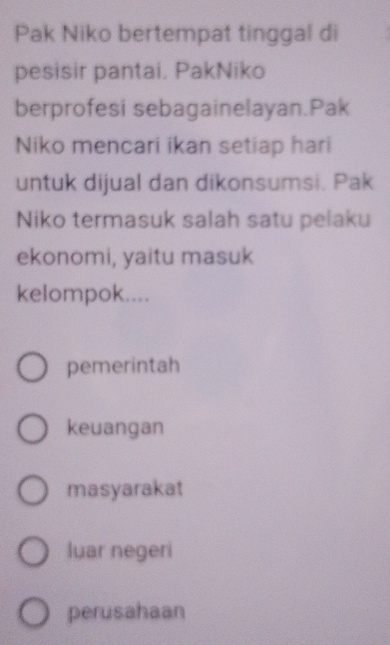 Pak Niko bertempat tinggal di
pesisir pantai. PakNiko
berprofesi sebagainelayan.Pak
Niko mencari ikan setiap hari
untuk dijual dan dikonsumsi. Pak
Niko termasuk salah satu pelaku
ekonomi, yaitu masuk
kelompok....
pemerintah
keuangan
masyarakat
luar negeri
perusahaan