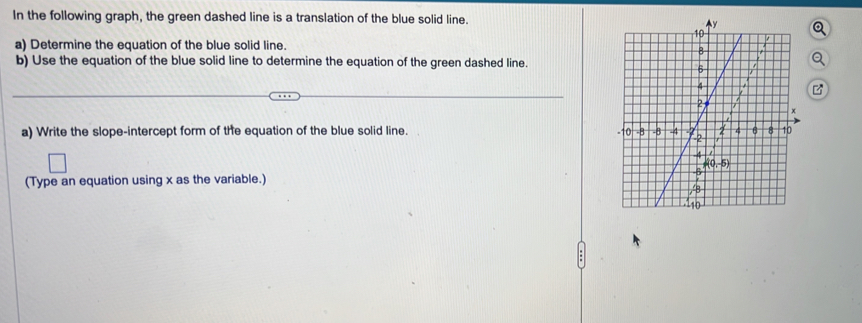 In the following graph, the green dashed line is a translation of the blue solid line.
a) Determine the equation of the blue solid line.
b) Use the equation of the blue solid line to determine the equation of the green dashed line.
a) Write the slope-intercept form of the equation of the blue solid line. 
(Type an equation using x as the variable.)