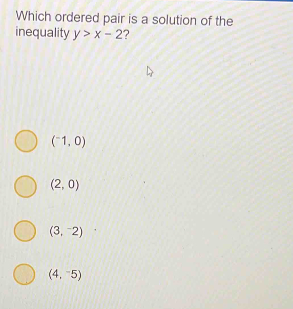 Which ordered pair is a solution of the
inequality y>x-2 ?
(^-1,0)
(2,0)
(3,^-2)
(4,^-5)