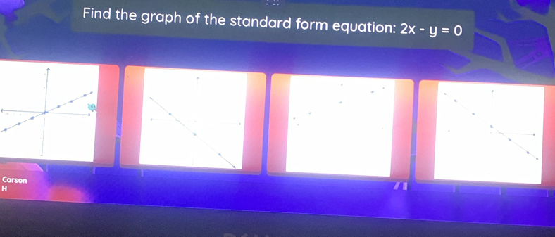 Find the graph of the standard form equation: 2x-y=0
Carson 
H