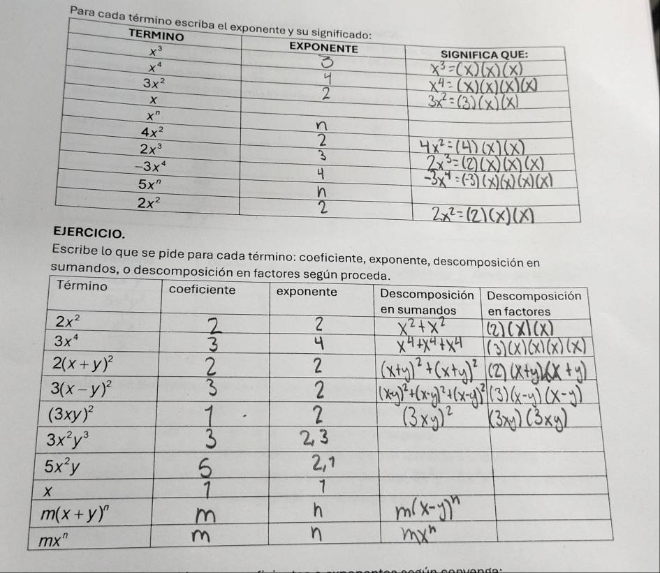 Para ca
Escribe lo que se pide para cada término: coeficiente, exponente, descomposición en
sumandos, o