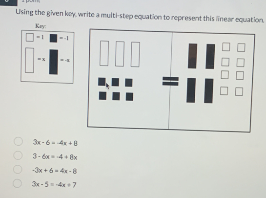 pom 
Using the given key, write a multi-step equation to represent this linear equation. 
Key:
=1 =-1
=x =-x
3x-6=-4x+8
3-6x=-4+8x
-3x+6=4x-8
3x-5=-4x+7