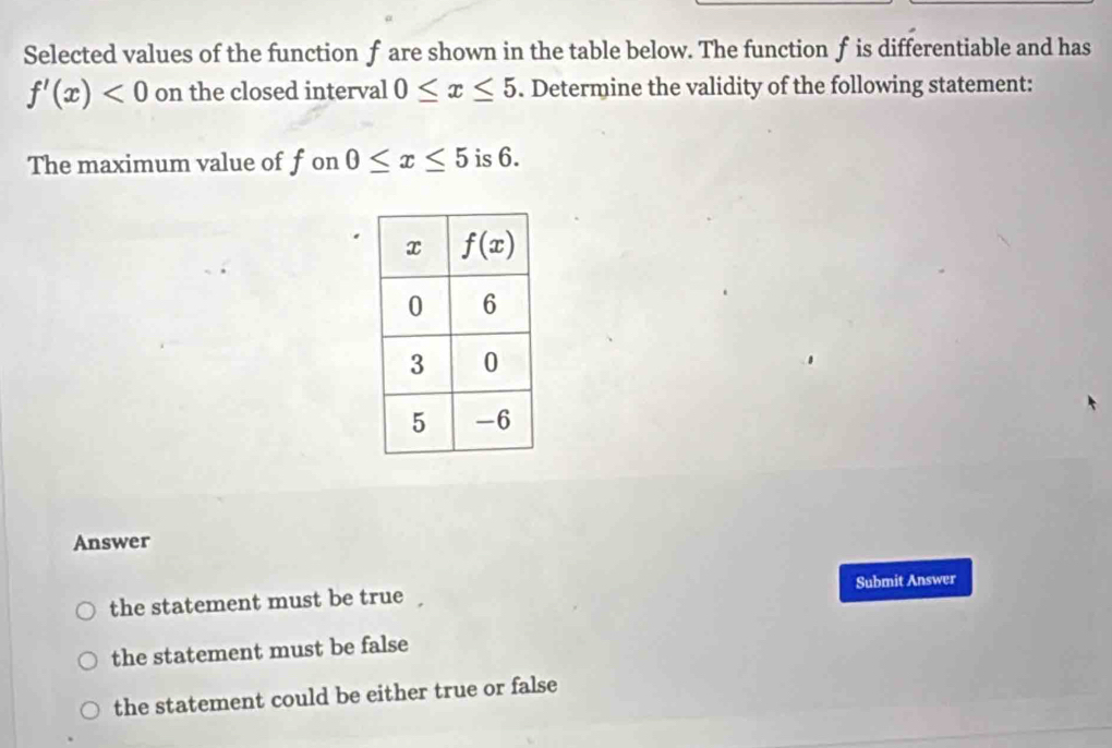 Selected values of the function f are shown in the table below. The function f is differentiable and has
f'(x)<0</tex> on the closed interval 0≤ x≤ 5. Determine the validity of the following statement:
The maximum value of f on 0≤ x≤ 5 is 6.
Answer
the statement must be true Submit Answer
the statement must be false
the statement could be either true or false