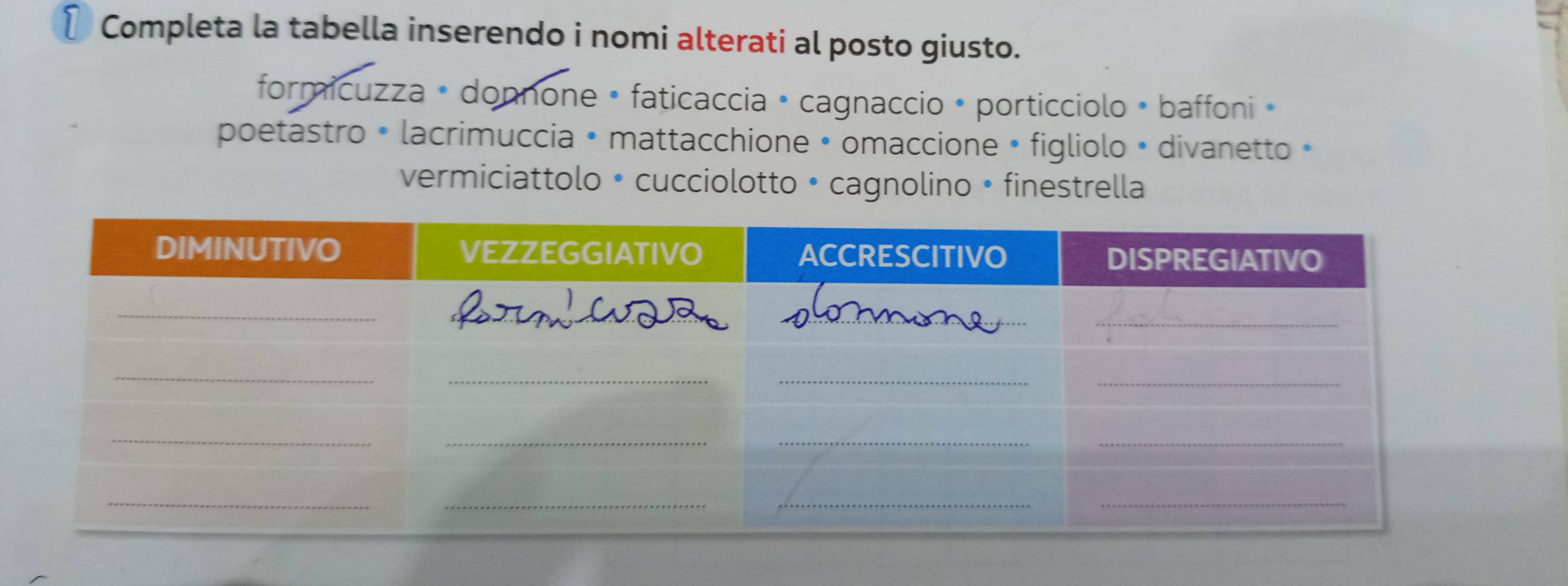 ₹Completa la tabella inserendo i nomi alterati al posto giusto. 
formicuzza • donnone • faticaccia • cagnaccio • porticciolo • baffoni » 
poetastro • lacrimuccia • mattacchione • omaccione • figliolo • divanetto » 
vermiciattolo • cucciolotto • cagnolino • finestrella