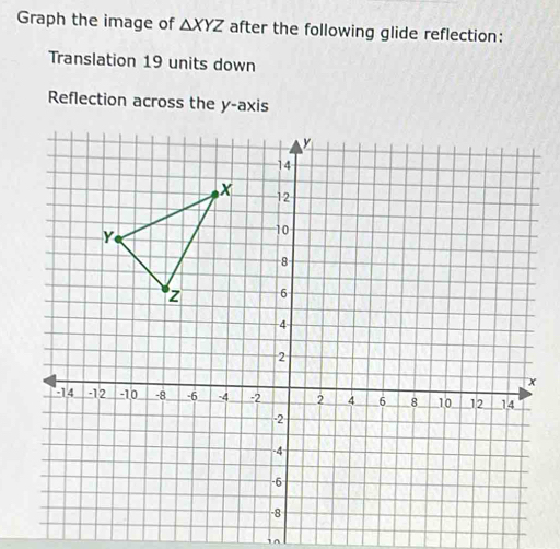 Graph the image of △ XYZ after the following glide reflection: 
Translation 19 units down 
Reflection across the y-axis 
1n