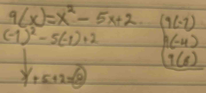 9(x)=x^2-5x+2 (9(-7)
(-1)^2-5(-1)+2
f(-4)
9(6)
x+5+2=6