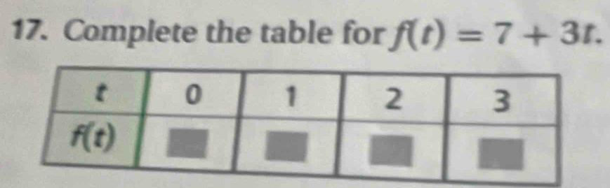 Complete the table for f(t)=7+3t.