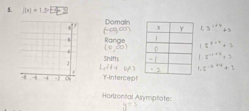 f(x)=1.5^x+4+3
Domain
Range
Shifts
Y-Intercept
Horlzontal Asymptote: