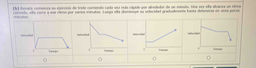 Renata comienza su ejercicio de trote corriendo cada vez más rápido por alrededor de un minuto. Una vez ella alcanza un ritmo 
cómodo, ella corre a ese ritmo por varios minutos. Luego ella disminuye su velocidad gradualmente hasta detenerse en unos pocos 
minutos. 
V