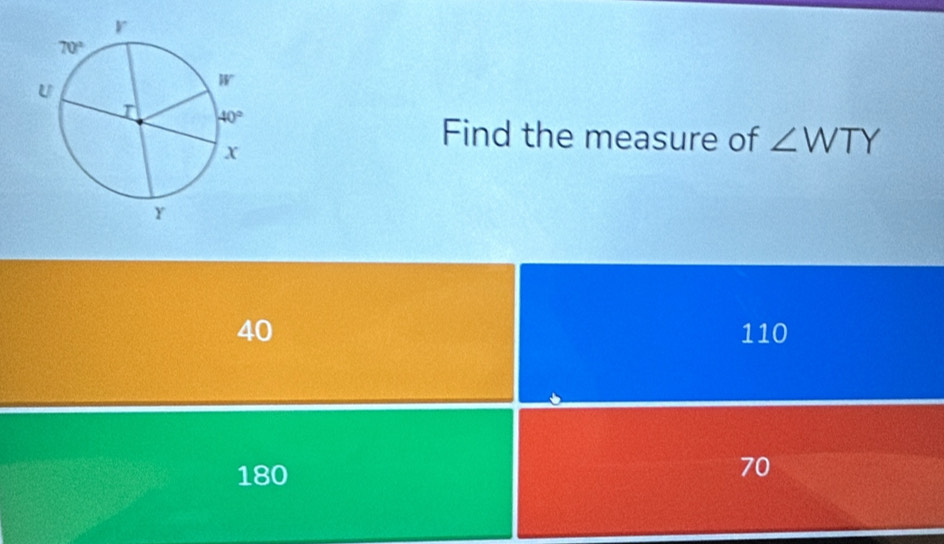 Find the measure of ∠ WTY
40 110
180
70