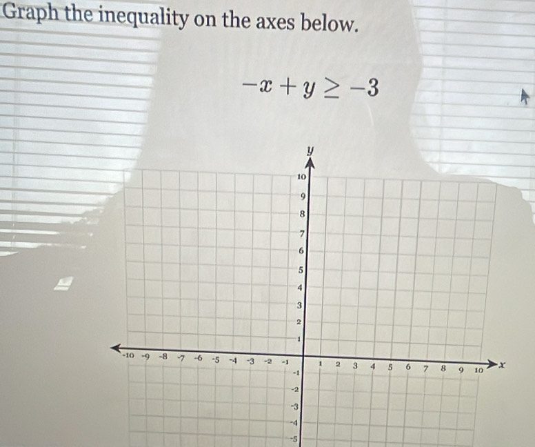 Graph the inequality on the axes below.
-x+y≥ -3
-5