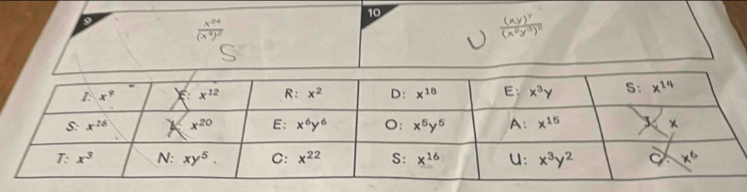 10
frac x^4(x^4)^2
frac (xy)^7(x^2y^3)^2