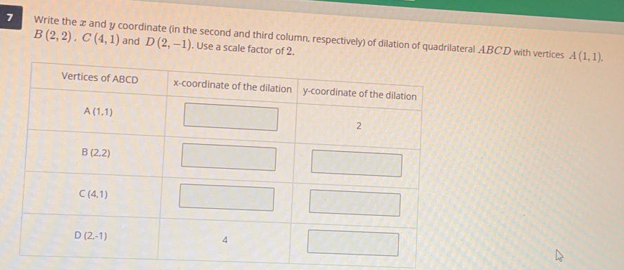 7 B(2,2). C(4,1) Write the x and y coordinate (in the second and third column, respectively) of dilation of quadrilateral ABCD with vertices
and D(2,-1). Use a scale factor of 2.
A(1,1),