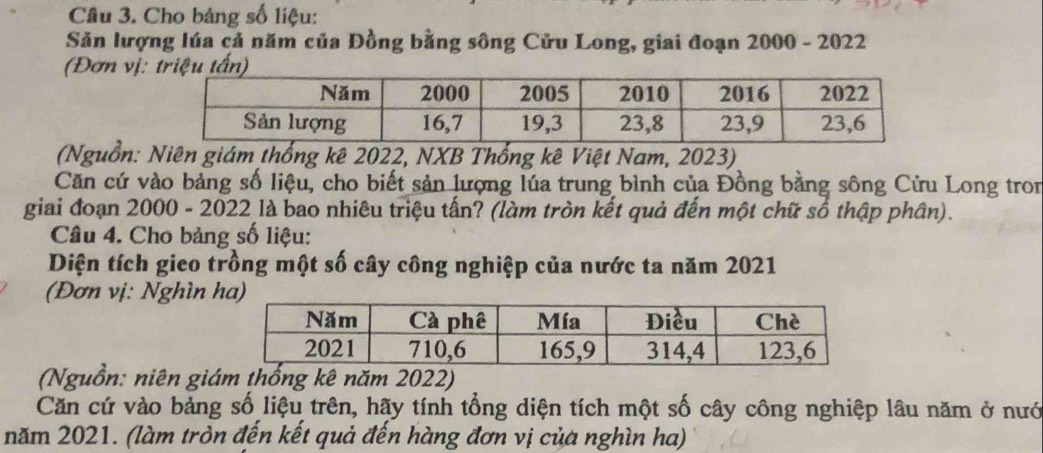 Cho bảng số liệu: 
Sản lượng lúa cả năm của Đồng bằng sông Cửu Long, giai đoạn 2000 - 2022
(Đơn vị:triệu tấn) 
(Nguồn: Niên giám thống kê 2022, NXB Thống kê Việt Nam, 2023) 
Căn cứ vào bảng số liệu, cho biết sản lượng lúa trung bình của Đồng bằng sông Cửu Long tron 
giai đoạn 2000 - 2022 là bao nhiêu triệu tấn? (làm tròn kết quả đến một chữ số thập phân). 
Câu 4. Cho bảng số liệu: 
Diện tích gieo trồng một số cây công nghiệp của nước ta năm 2021
(Đơn vị: Nghìn 
(Nguồn: niên giám thống kê năm 2022) 
Căn cứ vào bảng số liệu trên, hãy tính tổng diện tích một số cây công nghiệp lâu năm ở nướ 
năm 2021. (làm tròn đến kết quả đến hàng đơn vị của nghìn ha)