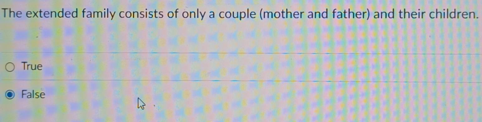 The extended family consists of only a couple (mother and father) and their children.
True
False