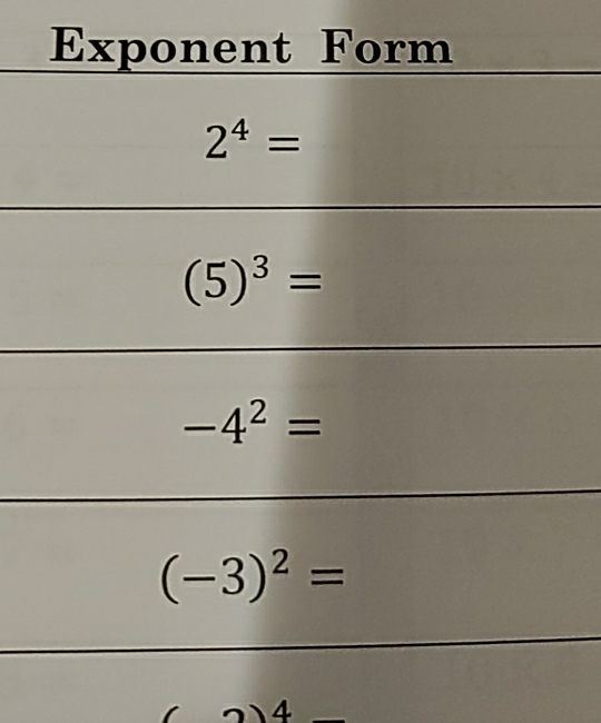 Exponent Form
2^4=
(5)^3=
-4^2=
(-3)^2=
4