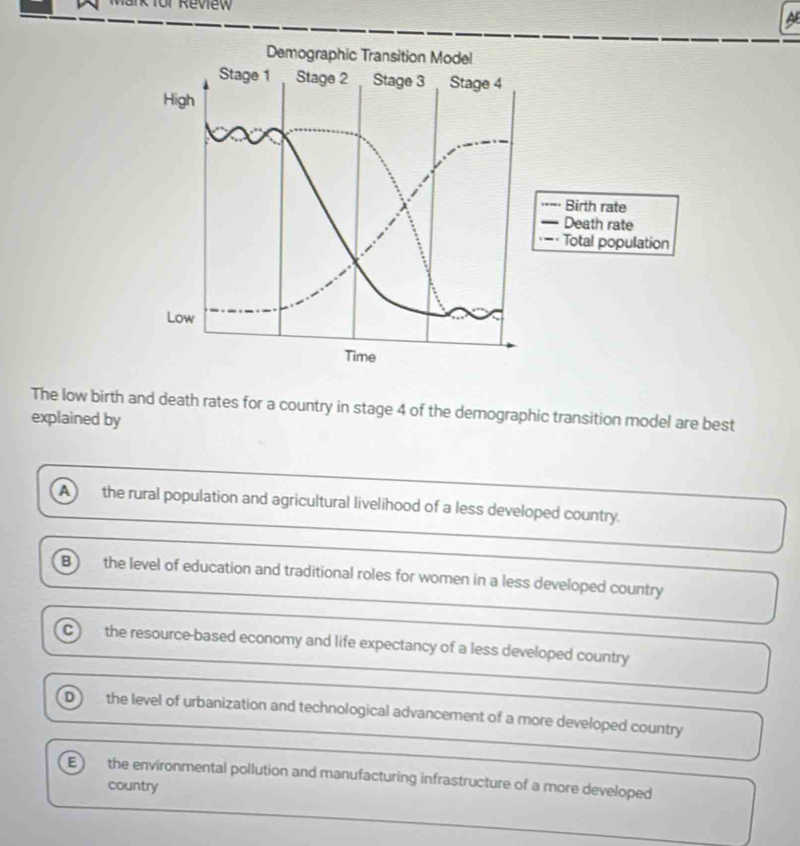 view
The low birth and death rates for a country in stage 4 of the demographic transition model are best
explained by
A the rural population and agricultural livelihood of a less developed country.
B the level of education and traditional roles for women in a less developed country
C the resource-based economy and life expectancy of a less developed country
D the level of urbanization and technological advancement of a more developed country
E the environmental pollution and manufacturing infrastructure of a more developed
country