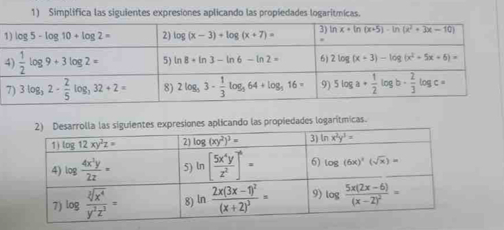 Simplifica las siguientes expresiones aplicando las propiedades logaritmicas.
1
es expresiones aplicando las propiedades logarítmicas.