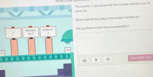 what s the Operat 
umber 5 was placed into this number machine, and 30
out. 
could the first step in the number machine be? 
you think of more than one possibility?
5
sqrt(± ) Share With Class