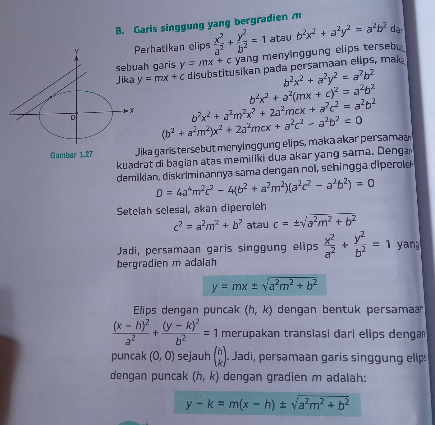 Garis singgung yang bergradien m
atau b^2x^2+a^2y^2=a^2b^2 dan
rhatikan elips  x^2/a^2 + y^2/b^2 =1
garis y=mx+c yang menyinggung elips tersebut.
y=mx+c disubstitusikan pada persamaan elips, maka;
b^2x^2+a^2y^2=a^2b^2
b^2x^2+a^2(mx+c)^2=a^2b^2
b^2x^2+a^2m^2x^2+2a^2mcx+a^2c^2=a^2b^2
(b^2+a^2m^2)x^2+2a^2mcx+a^2c^2-a^2b^2=0
Gambar 1.27 Jika garis tersebut menyinggung elips, maka akar persaman
kuadrat di bagian atas memiliki dua akar yang sama. Dengaı
demikian, diskriminannya sama dengan nol, sehingga diperole
D=4a^4m^2c^2-4(b^2+a^2m^2)(a^2c^2-a^2b^2)=0
Setelah selesai, akan diperoleh
c^2=a^2m^2+b^2 atau c=± sqrt(a^2m^2+b^2)
Jadi, persamaan garis singgung elips  x^2/a^2 + y^2/b^2 =1 yang
bergradien m adalah
y=mx± sqrt(a^2m^2+b^2)
Elips dengan puncak (h,k) dengan bentuk persamaa
frac (x-h)^2a^2+frac (y-k)^2b^2=1 merupakan translasi dari elips denga
puncak (0,0) sejauh beginpmatrix h kendpmatrix. Jadi, persamaan garis singgung elips
dengan puncak (h,k) dengan gradien m adalah:
y-k=m(x-h)± sqrt(a^2m^2+b^2)